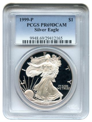 1999 - P Silver Eagle $1 Pcgs Proof 69 Dcam American Eagle Silver Dollar Ase photo
