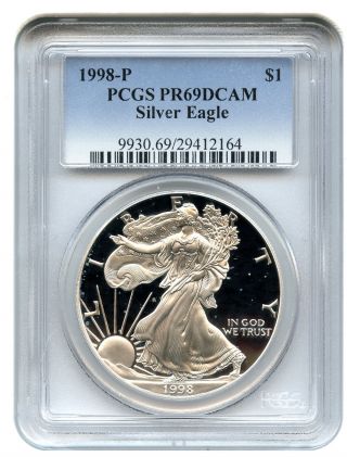 1998 - P Silver Eagle $1 Pcgs Proof 69 Dcam American Eagle Silver Dollar Ase photo