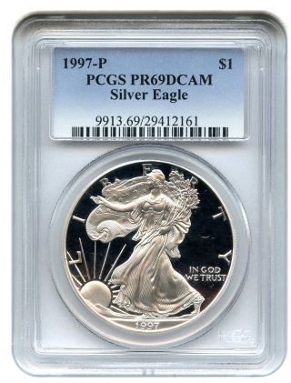 1997 - P Silver Eagle $1 Pcgs Proof 69 Dcam American Eagle Silver Dollar Ase photo