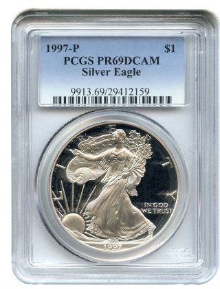 1997 - P Silver Eagle $1 Pcgs Proof 69 Dcam American Eagle Silver Dollar Ase photo