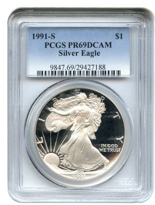 1991 - S Silver Eagle $1 Pcgs Proof 69 Dcam American Eagle Silver Dollar Ase photo