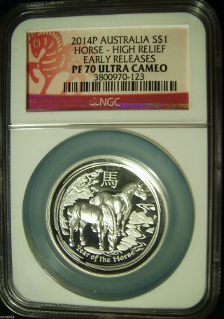 2014 - P Australia S$1 Year Of The Horse High Relief Silver - Ngc Pf70ucam Er photo