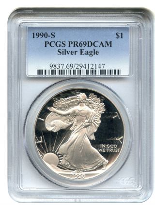 1990 - S Silver Eagle $1 Pcgs Proof 69 Dcam American Eagle Silver Dollar Ase photo