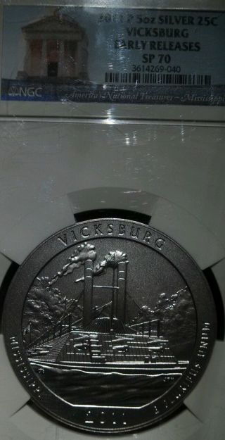2011 P Vicksburg America The 5 Oz.  Silver Coin Ngc Sp 70 Early Release photo