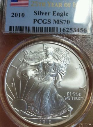 2010 American Silver Eagle First Strike 25th Anniversary Pcgs Ms70 0679 photo