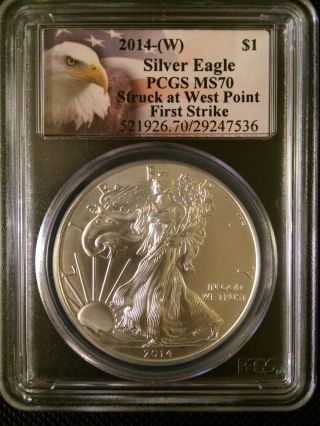 2014 Silver American Eagle (w) 1oz West Point Ms70 Pcgs Eagle Label First Strike photo