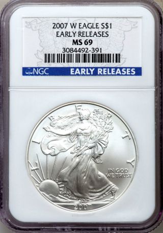 2007 - W American Eagle Silver Dollar Ms69 Early Releases Ngc Cert Burnished photo