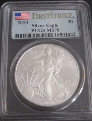 First Strike Flag 2010 $1 American 1 Oz 999 Silver Eagle Coin Pcgs Ms70 Ms 70 photo