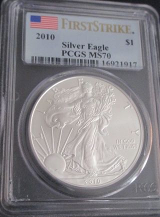 2010 $1 American 1 Oz 999 Silver Eagle Coin Pcgs Ms70 First Strike Ms 70 Bu+ photo