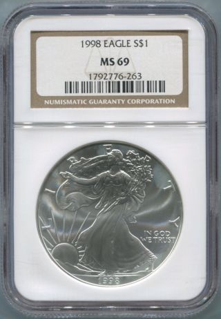 1998 American Silver Eagle $1 - Ngc Ms 69 - Gem Unc - Silver Dollar - photo