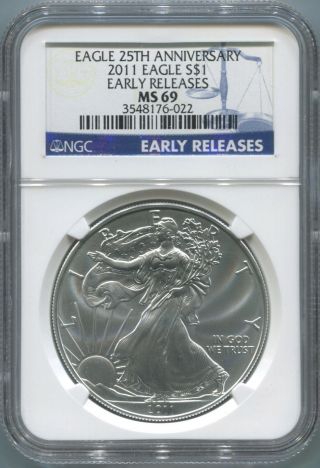 2011 American Silver Eagle $1 - Ngc Ms 69 - Gem Unc - Early Release - Nr photo