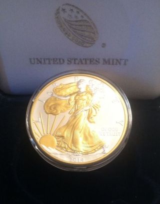 2014 American Silver Eagle Bu 24kt Gold Highlighted 1oz 99.  9% Pure Silver photo