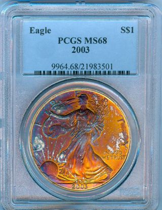 Monster Toned 2003 Silver Eagle Graded By Pcgs As Ms 68 Extremely Gorgeous photo
