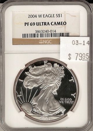 2004 W American Silver Eagle S$1 Pf 69 Ultra Cameo Ngc Certified photo
