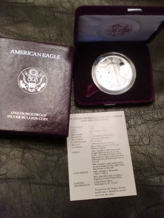 1990 - S 1 Oz Troy Proof Silver American Eagle W / Box & photo