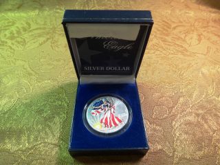 1999 1 Ounce Painted Silver Eagle W/ Case - S&h Usa photo