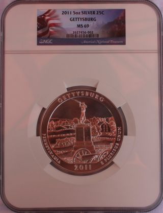 America The 5 Oz Silver Coin,  2011 Gettysburg,  Ngc Ms 69 Early Release photo