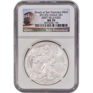 2013 - (s) American Silver Eagle - Ngc Ms70 - First Releases - Trolley Label photo