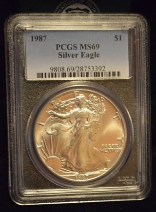 1987 Us Silver American Eagle.  Pcgs Ms 69.  1 Troy Oz. .  9999 Fine. photo