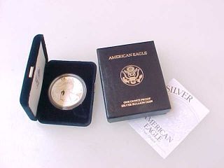 2002 W Proof 1 Ounce American Eagle Silver Bullion $1 Coin W/ Box & photo