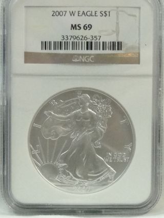 2007 - W (burnished) Silver American Eagle,  Ngc,  Ms - 69,  1oz Silver,  Ase,  546 photo