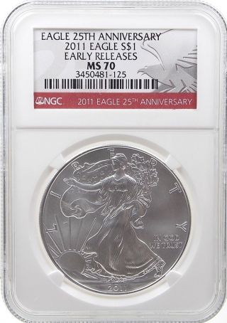 2011 Silver Eagle Ngc Ms70 Early Releases 25th Anniversary Red Label photo