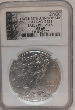 2011 American Silver Eagle S$1 - Ngc Ms 69 - Early Release - 25th Ann photo