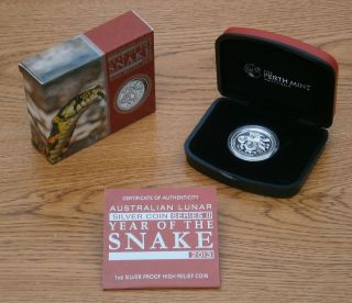 2013 Australian 1 Oz Silver Year Of The Snake High Relief Proof Coin W/box & photo