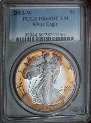 2003 - W Pcgs Pf - 69 Dcam Ase (american Silver Eagle) - Appealing Color Target Tone photo