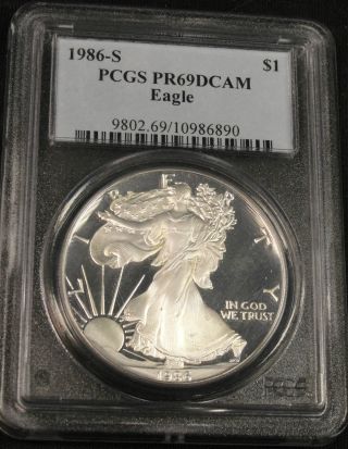 1986 S Proof American Silver Eagle Coin Pcgs Pr69 Dam 6890 photo