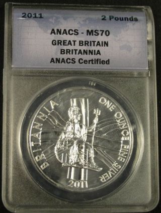 2011 Great Britain 2 Pound Britannia Silver Coin Anacs Ms70 2727 photo