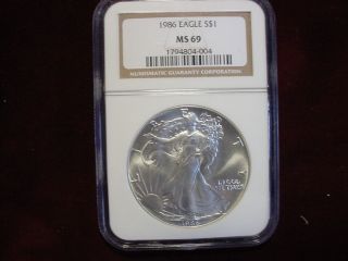 1986,  American Silver Eagle Ms69,  Ngc,  Brown Label,  1 Ounce.  999 Fine Silver photo