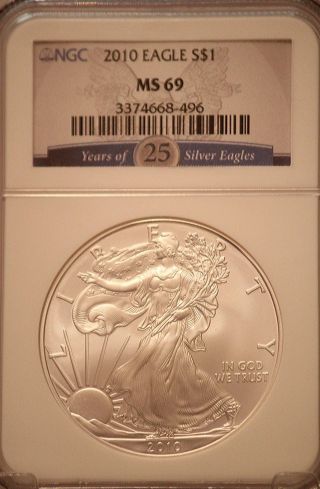 2010 25th Ann.  Ngc Ms69 (non - Er Early Releases) American Silver Eagle Ase (vhtf) photo