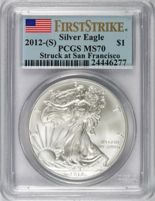 2012 - (s) Silver Eagle $1 Pcgs Ms70 1oz First Strike San Francisco Label photo