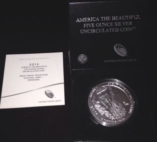 2014 P Great Smokey Mt.  Tennessee Atb Five Ounce Silver Uncirculated Coin W/ photo