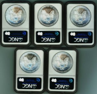 Five Blast White And Frosty 2007 Silver Eagles Ngc Early Release Blue Label Gems photo
