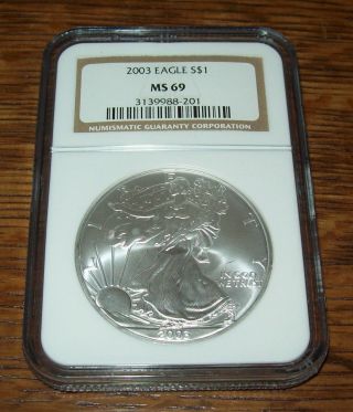 2003 Ngc Ms69 American Silver Eagle 1 Troy Oz.  999 Fine Dollar Brown Label photo