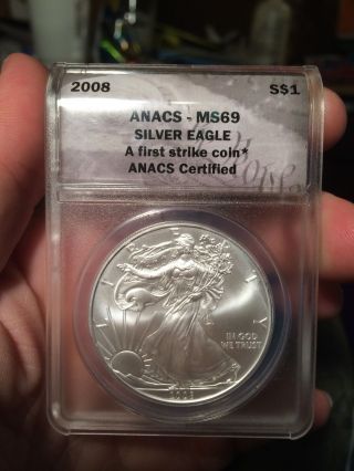 2008 Anacs Ms69 Silver Eagle A First Strike Coin.  999 Beauty photo