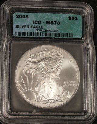 2008 American Silver Eagle Coin Icg Ms 70 photo