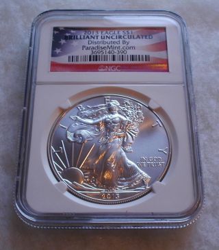 2013 American Silver Eagle.  $1 Coin,  1 Oz Silver,  Ngc Certified,  Flag Label,  Bu photo