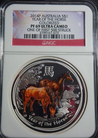 2014 - 1 Oz Australia Lunar Year Of The Horse Colorized Proof Pf 69 Silver Coin photo