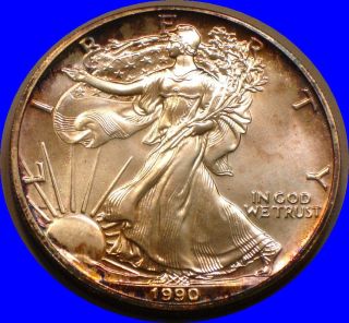 1990 Silver $1 American Eagle; Gem Bu 1 Oz Silver Pretty Rainbow Tone photo