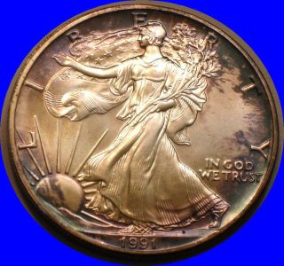 1991 Silver $1 American Eagle; Gem Bu 1 Oz Silver Pretty Rainbow Tone photo