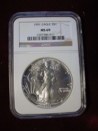 1991,  American Silver Eagle Ms69,  Ngc,  Brown Label,  1 Ounce.  999 Fine Silver photo