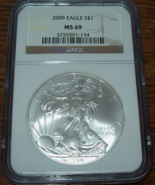2009 Ngc Ms69 American Silver Eagle 1 Troy Oz Silver Dollar Coin Brown Label photo