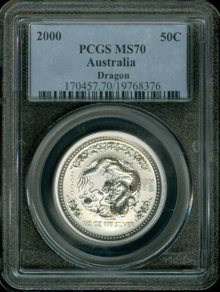 2000 Australian Lunar Series 1 50c Dragon Pcgs Ms70 1/2 Oz Silver Key Coin Rare photo