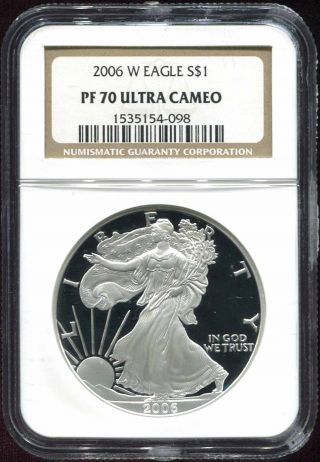 2006 - W $1 Proof American Silver Eagle Ngc Pf - 70 Ultra Cameo 1 Oz.  Fine Silver photo