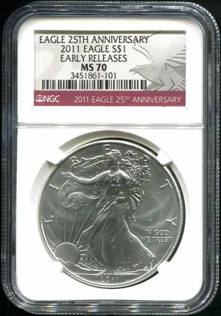 2011 25th Anniversary $1 American Silver Eagle Early Release Ngc Ms - 70 Red Label photo