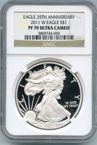 2011 - W Ngc Pf 70 Ultra Cameo American Eagle Silver Dollar 25th Ann - S1s Kr960 photo