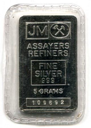 Johnson Matthey Jm 5 Gram.  999 Fine Silver Bar In Plastic photo